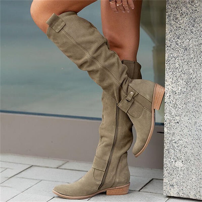 Women's suede knee-high boots with low heel